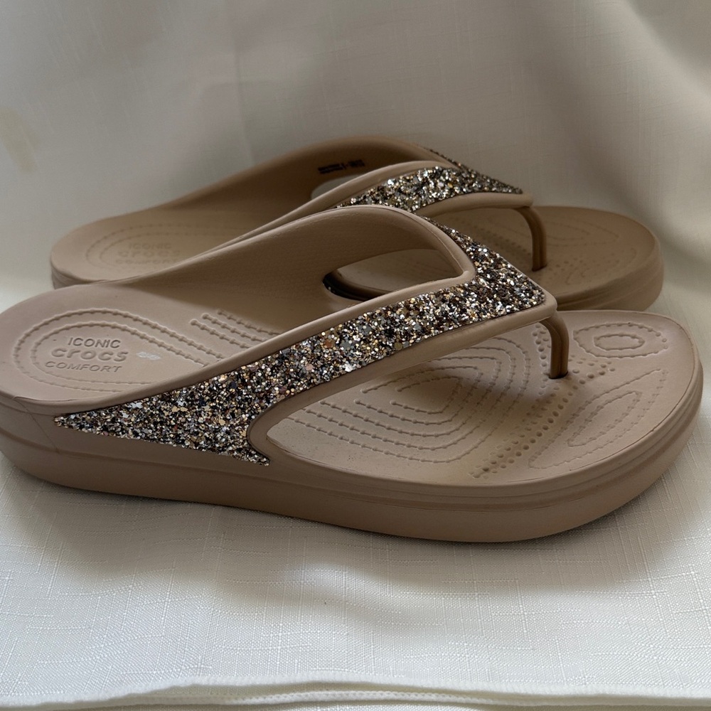 CROCS Women's Beige Sparkle Sandals - Picture 2 of 8